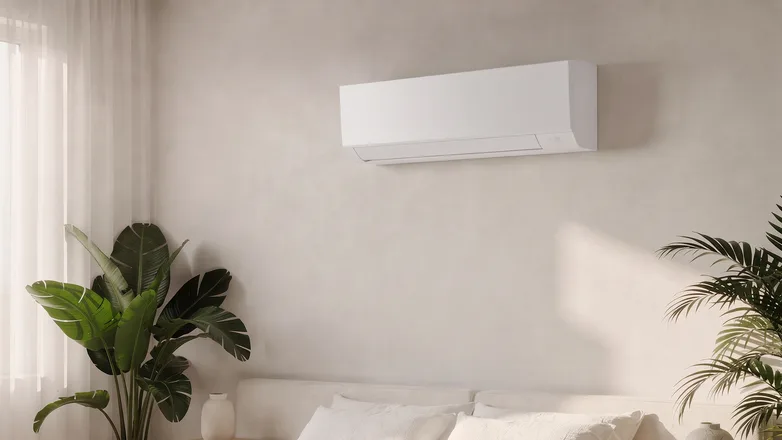 A quiet bedroom with an air conditioner on the wall